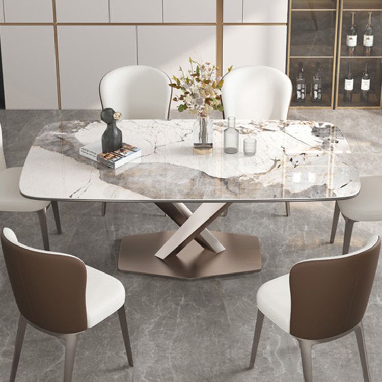 Luxury Rectangular Stone Top Dining Table with Gold Steel X-Base