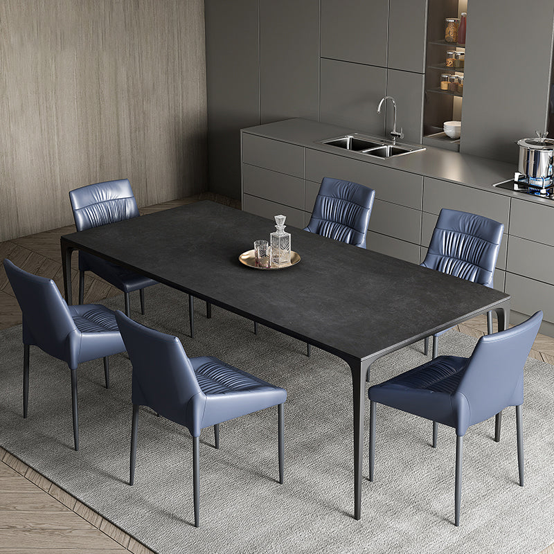Modern Rectangular Grey Stone Top Dining Table with 4 Black Legs