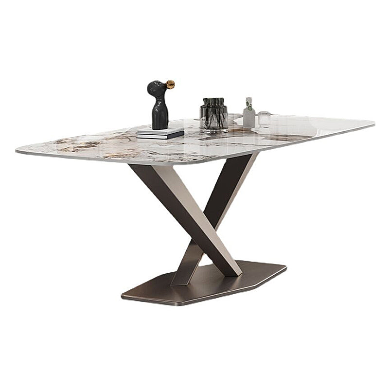 Luxury Rectangular Stone Top Dining Table with Gold Steel X-Base